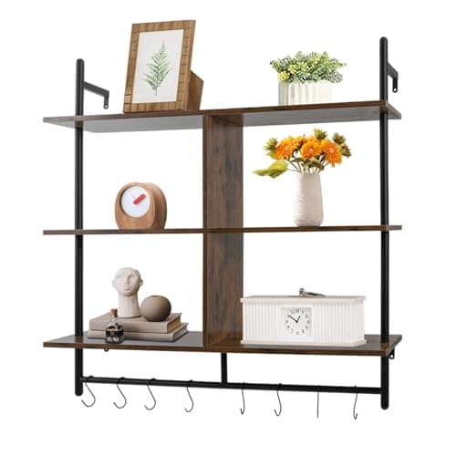 Image of 3 Tier Floating Pipe Shelving, 37.8in Industrial Wall Mounted Bookshelf, Kitchen Shelves With Hooks, Wood Display Storage Home Decor Book Shelves for A Living Room, Bathroom, Bedroom, Coffee Bar, Eta