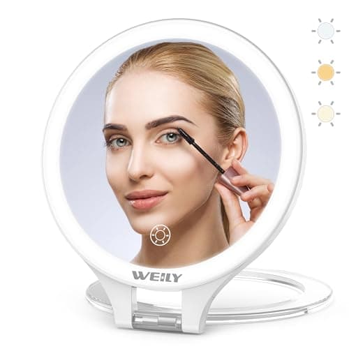Image of WEILY 10X/1X Magnifying Makeup Mirror with Light, Double Sided Tabletop Portable Vanity Mirror, 3 Color Adjustable Lights, Cosmetic Mirror with Lights for Makeup/Travel