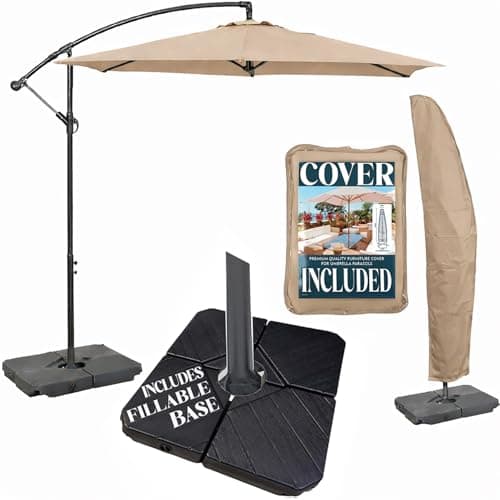 Image of GardenCo 3m Cantilever Banana Parasol - Hanging Parasol with Crank Handle - Outdoor Garden and Patio Sun Shade - with PVC Coated Cover (Taupe with Base)