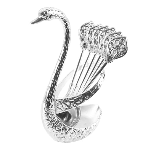 Image of Alide 6 Piece Coffee Dessert Spoon Set, Swan Holder, Spoon Organiser with Swan Holder(Silver)
