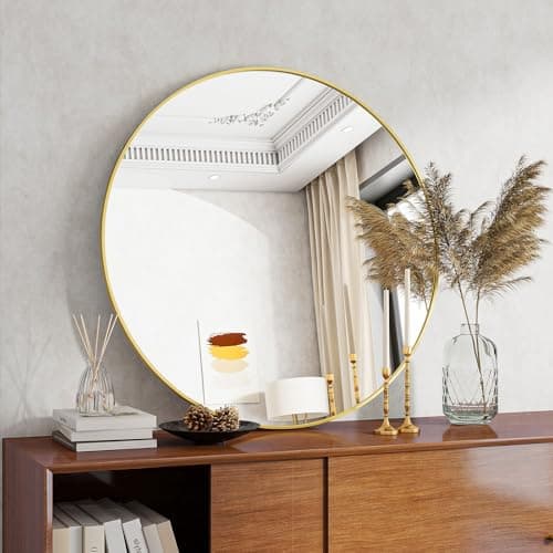 Image of Koonmi 90x90cm Round Wall Mirror, Circle Mirror with Aluminum Alloy Frame and Tempered Glass, Suitable for Bathroom, Bedroom, Hallway, Gold
