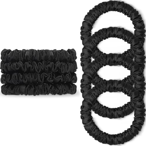 Image of Scrunchies Hair Ties Silk Satin Scrunchy, WantGor Women 4PC Pure Mulberry Silk Skinny Elastic Scrunchies Hair Bands Bracelets Ponytail Holders Hair Accessories (Black*4)