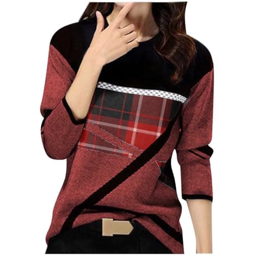 Image of TURWXGSO Ladies Jumpers Long Sleeve Crew Neck Knitted Cable Jumper Sweater Pullover Shirts Dressy Trendy Ladies Elegant Geometric Color Block Print Sweater Tops for Winter Fall Spring