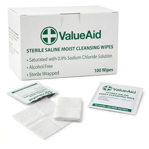 Image of Value Aid Sterile Saline Moist Cleansing Wipes Box of 100 - Alcohol Free 0.9% Sodium Chloride Skin Cleaning Wipes - Individually Wrapped First Aid Wipes 80 x 80mm Sachets