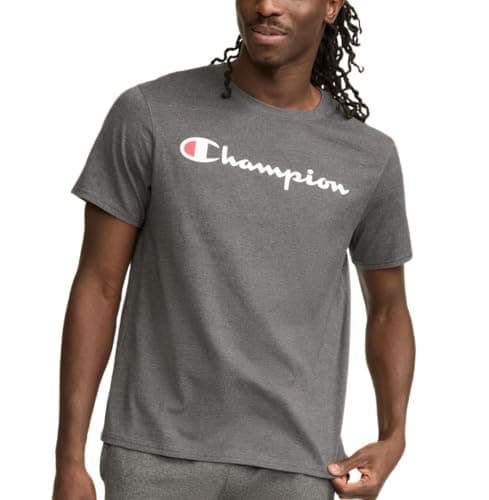 Image of Champion Men's, Classic Graphic, Soft and Comfortable T-Shirts, Script Logo (Reg. Or Big & Tall), Granite Heather, S