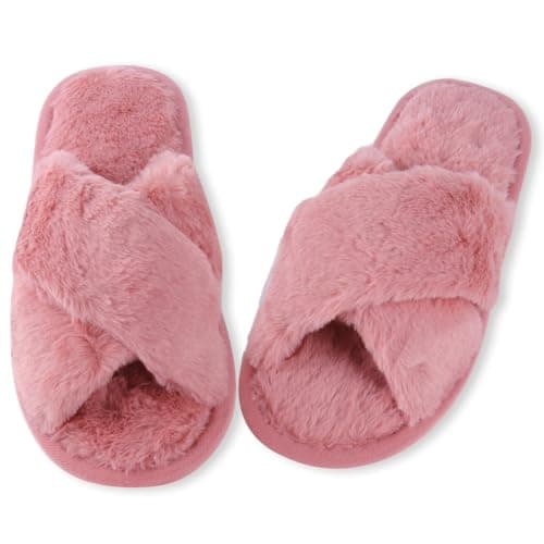 Image of TIECHI Womens Slippers, Ladies Crossover Open Toe Fluffy Slippers, Anti-Skid Warm Furry Cozy Indoor Outdoor Shoes, Pink, 36-37EU/3-4U