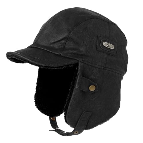 Image of Comhats XL Winter Waterproof Trapper Hats for Men Faux Leather Aviator Pilot Cap with Ear Flaps Warm Fleece Lined Peaked Cap for Hunting Shooting Black