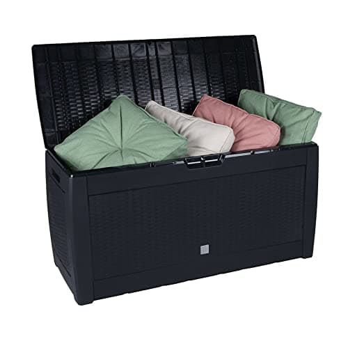 Image of Vivo Technologies 310L Garden Storage Box Chest, Outdoor Storage Boxes Weather and UV Resistant Cushion Box and Garden Furniture Organizer with Hinged Lid Handles Wheels Wicker Look, Black