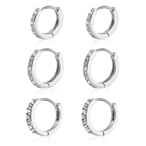 Image of Yolev 3 Pairs Silver Small Hoop Earrings Set Cubic Rhinestones Hoop Earrings Sterling Silver Huggie Earrings for Women(8mm 10mm 12mm)