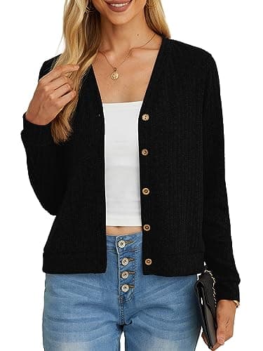 Image of GRECERELLE Women's Crop Cardigan Summer Long Sleeve V-Neck Button Down Knit Lightweight Outerwear Shrug Shawl Bolero Cardigans for Ladies (Black, M)