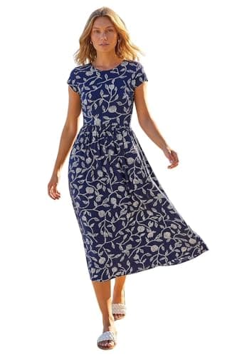 Image of Roman Midi Dress with Pockets for Women UK Ladies Stretchy Jersey Maxi Long Short Sleeve Elasticated Gathered High Waist Boho Flattering Skater Swing Fit Flare - Navy & White - Size 14