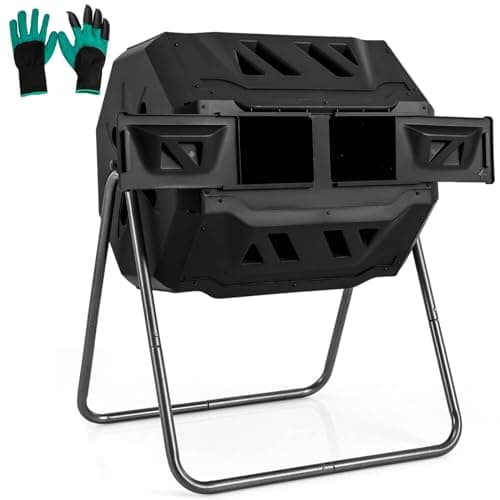 Image of COSTWAY 160L Tumbling Composter, Garden Compost Bin with 360° Rotating Dual Chambers, Sliding Doors & Gloves, BPA-Free Compost Waste Bin Barrel, Easy and Fast Composing (Black, 160L)