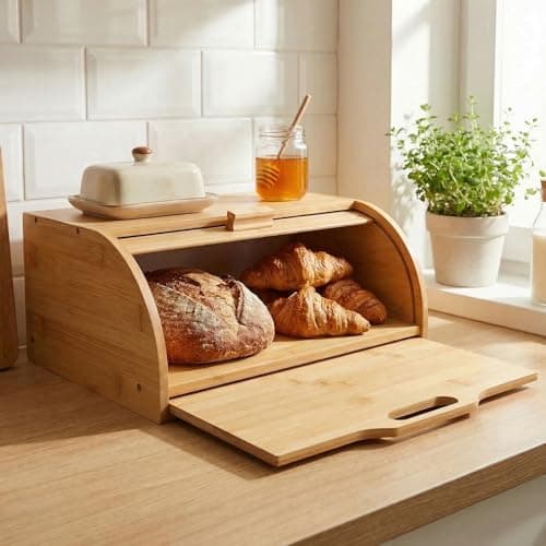 Image of Maison Des Cadeaux Roll Top Bamboo Bread Bin Box with Built-in Chopping Board Countertop Storage