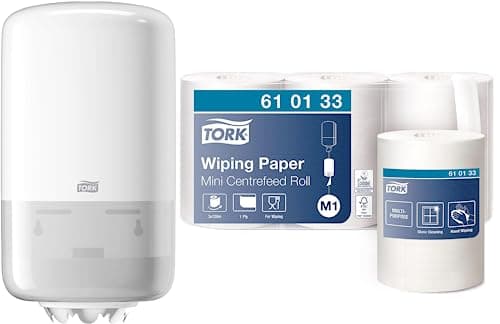 Image of Tork Mini Centrefeed Wall Mounted Paper Towel Dispenser + Refill - M1 - Multipurpose Wiping Paper (3x120 sheets)