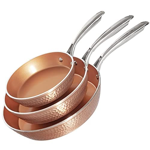 Image of Gotham Steel Hammered Frying Pan Set, 3 Piece Nonstick Copper Fry Pans, 8”, 10” & 12” Skillet, Omelet Pan, Cookware, PFOA Free, Dishwasher Safe, Cool Touch Handle