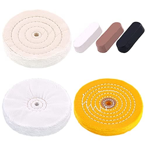 Image of Swpeet 6Pcs 6 Inch Professional Buffing Polishing Wheels with 3 Colors Polishing Compounds Kit, Including Cotton (60 Ply), Yellow (42 Ply) and Flannel (30 Ply) with 1/2” Arbor Wheel for Bench Grindes