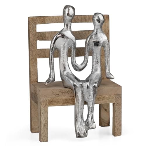 Image of Modern Decorative Figure Couple on Wooden Bench Silver Aluminium Figure 15.5 cm Sculpture Abstract Love Togetherness Partnership Decoration Living Room Shelf Table Decoration Figure