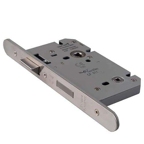 Image of Easi-T DIN Bathroom Lock – Stainless Steel Reversible Mortice Lock with Privacy Function – Internal Door Lock with Strike Plate for Lever Handles. (Radius, Satin Stainless Steel, 85mm x 150mm)