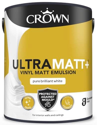 Image of Crown Ultra Matt Plus Vinyl Matt Emulsion Paint for Walls & Ceilings, Pure Brilliant White, Anti-Mould, High Coverage, 5L