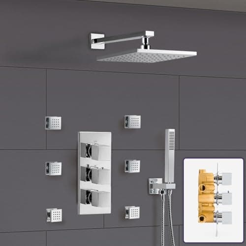 Image of Nes Home | Lily Bathroom Square 3 Way Concealed Thermostatic Shower - Thermostatic Valve, Shower Head and Body Jets