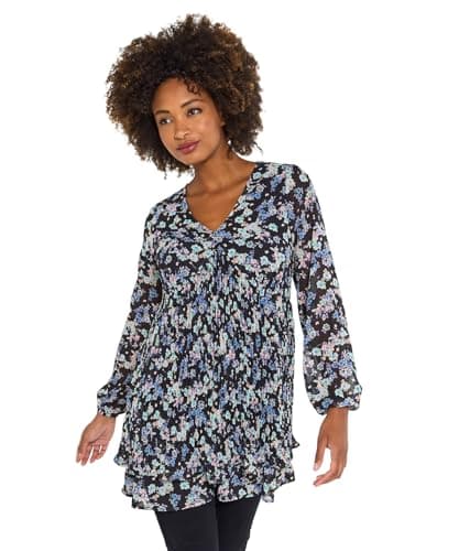 Image of Joe Browns Women's Floral Tiered Skirt Pleated Mini Dress Tunic Shirt, Black, 12