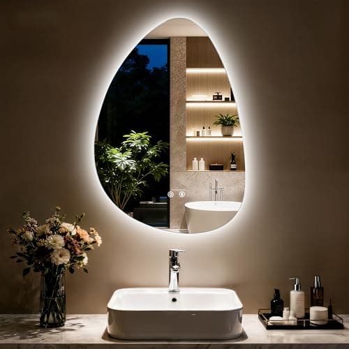 Image of LUVODI Bathroom Mirror with LED Lights: 500x700mm Asymmetrical Wall Mirror with Dimmable 3 Colour Temperatures, Anti-fog, IP56 Rated, Irregular Pebble Shape