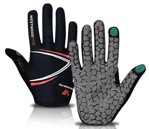 Image of WESTWOOD FOX Full Finger Cycling Gloves, Padded, Anti-Slip Touchscreen, Shock Absorbing Mountain Bike Gloves for Road Bicycle, MTB, Road Racing, Biking and Sports Gloves for Men Women (RED, M)