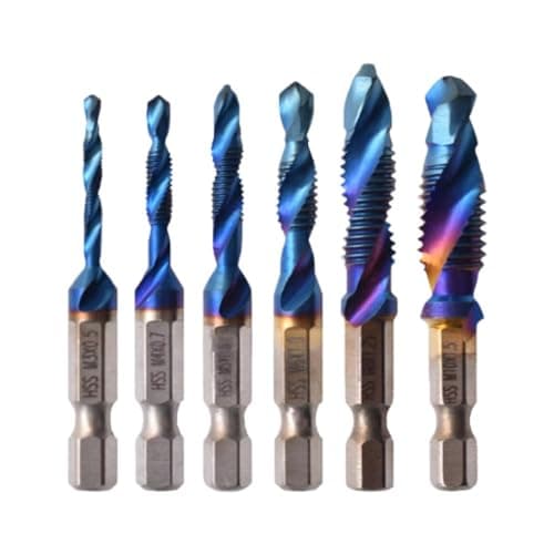 Image of HSS Combined Drill & Tap, Hex Shank Blue Spiral Flute, for Soft Metals Under 5mm (Aluminium, Zinc), Wood & Plastic, 6pcs Set