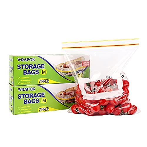 Image of WRAPOK Medium Freezer Bags Ziplock Reusable Sandwich Plastic Food Bags - 9.8 x 8.7 Inch (100 Count)