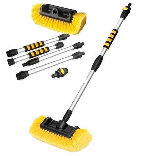 Image of Telescopic 5FT Water Fed Car Wash Brush – 11” Non-Scratch Soft Bristle Head with Hose Connector & On/Off Valve | Long Handle Cleaner for Vehicles, Boats & Windows