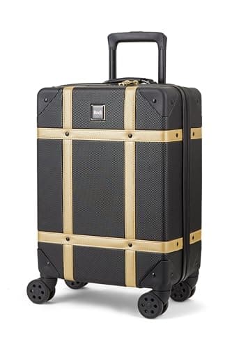 Image of Rock Vintage Small Hard Shell Cabin Suitcase in Black/Gold - Nostalgic Design, Dual 360 Swivel-Wheels, Telescopic Handle, Impact-Resistant Material & TSA Combination Lock - 54 x 35 x 22.5 cm 3.2KG