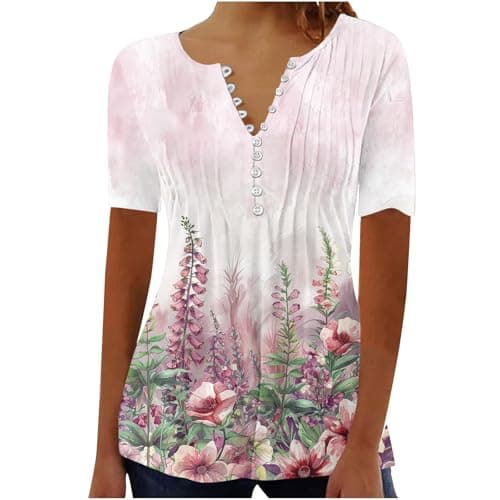 Image of Ladies Tops Size 18 UK Loose Tops for Women UK Tea Shirts Summer Cream Top Cerulean Clothing Ladies Henley Neck Front Pleated Tunic Shirts Plus Size Size 20