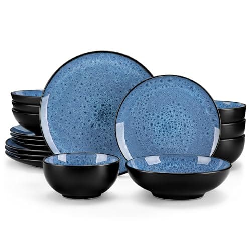 Image of vancasso Bubble Blue Dinner Set, 16 Pieces Dinner Sets for 4 People, Reactive Glaze Plates and Bowls Set in Vintage Look, Include Dinner Plates, Dessert Plates, Pasta Bowls and Cereal Bowl
