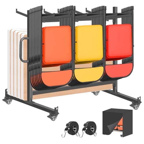 Image of NULTRUMA Folding Chair Rack, Heavy-Duty Folding Chair Cart Storage for 42 Chairs or 12 Tables, 550 lbs Capacity, Heavy Metal Chair Holder Rack with Locking Universal Wheels, Dust Cover, Elastic Cords