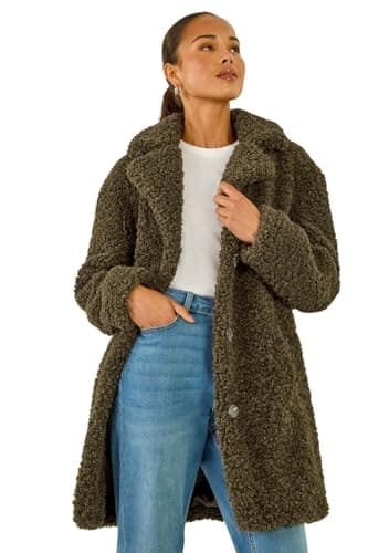 Image of Roman Teddy Coat for Women UK Ladies Borg Faux Fur Coatigan Lined Casual Soft Fluffy Fleece Texture Oversized Longline Warm Cosy Winter Jacket Thick Cardigan - Petite Khaki - Size 18