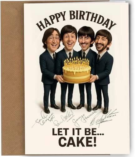 Image of Reproduced Beatles Birthday Card – Funny “Let It Be Cake” Greeting Card with Reproduction Printed Autographs | Music Fan Collectible for Men, Women, Beatles Lovers Fab Four Style Humour No1959
