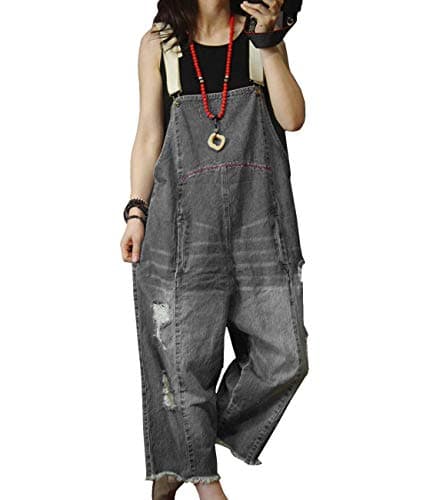 Image of YESNO Women Casual Baggy Dungarees Wide Leg Denim Overalls Distressed Boyfriend Jumpsuits Loose Fit with Pockets M P49UK Black