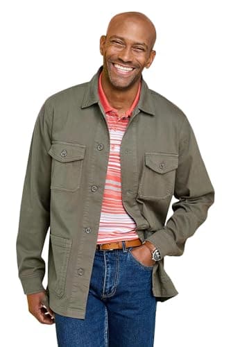 Image of Pegasus Men's Utility Style Stretch Cotton Cargo Jacket, Lightweight & Functional Overshirt with 4 Front Pockets & Adjustable Cuffs Khaki L