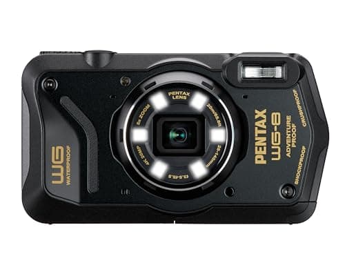 Image of PENTAX WG-8 black all-weather adventure camera, featuring outstanding waterproof, dustproof, shock-resistant performance, multi-application ring light for macro photography and webcam function