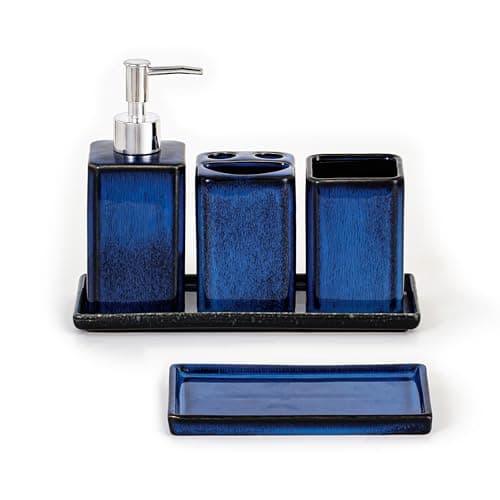 Image of Home Harbour Zen Essence Fambe Collection | 5-Piece Blue Bathroom Accessories Set | Soap Dispenser, Toothbrush Holder, Tumbler, Vanity Tray, & Multipurpose Holder | Decor Organiser (Set of 5 Blue)