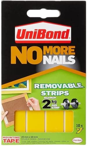 Image of Unibond No More Nails Removable Picture Hanging Strips, Adhesive Strips for Fast, Easy Mounting, Double Sided Sticky Tape for Interior Use, Translucent Tape, Pack of 10 , Yellow