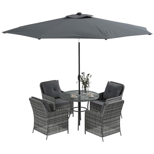 Image of Outsunny 4 Seater Rattan Dining Set with Parasol, Luxury Rattan Garden Furniture Set with Seat and Back Cushions, Outdoor Table and Chairs, Round Glass Top Table, Mixed Grey