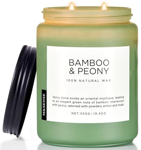 Image of M&SENSE Bamboo Peony Large Soy Wax Scented Candles Gifts for Men Long Burning 550g 110H Organic Woody Jar Candles Gift for Women 2 Wick Non Toxic Aromatherapy Candle for Relaxing Stress Relief