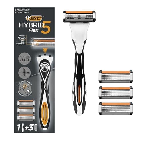 Image of BIC Hybrid 5 Flex Refillable Men's Razor, 1 Weighted Handle and 3 Nano-Tech Titanium Plated 5-Blade Refills with Precision Blade, Bundle of 1 plus 3