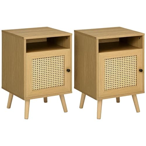 Image of HOMCOM Bedside Table Nightstand with Storage Shelf and Door Cupboard, Side End Table with Rattan Element and Tapered Leg for Living Room, Bedroom, Set of 2, Natural