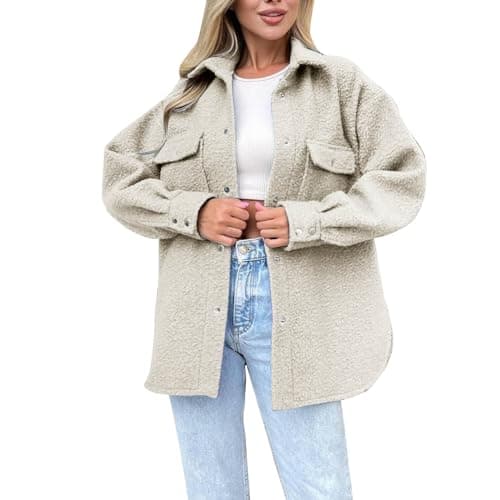 Image of Fleece Jacket Womens Womens Fleece Shirt Jacket Oversized Button Down Long Shacket Jacket with Pockets (Beige, L)
