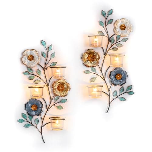 Image of Sziqiqi Candle Sconces Wall Decor: Wall Candle Holders Set of 2 with 6 Tea Light Glass Cups - Coloured Metal Flower and Leaf Candelabra Sconces as Wall Art for Living Room Bathroom Bedroom Fireplace