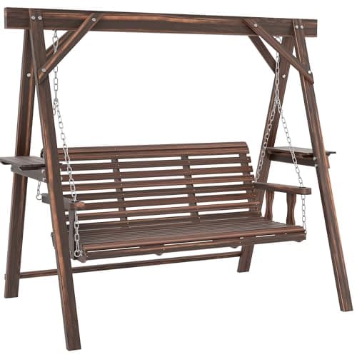 Image of Outsunny 3 Seater Garden Swing Seat, Wooden Swing Chair Bench with Side Tables and Metal Chains, for Outdoor Porch Patio, Carbonised Brown