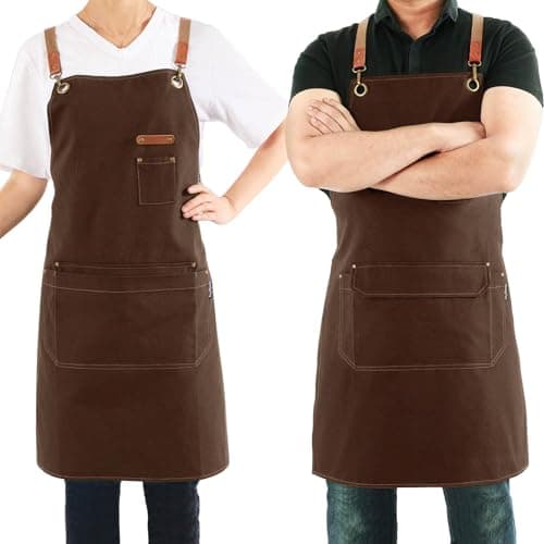 Image of Magimate Canvas Apron with Pockets and Cross-back Straps for Chef Kitchen Cooking BBQ, Barista Bartender Barber Shop and Art Gardening Work Professional Aprons - Brown