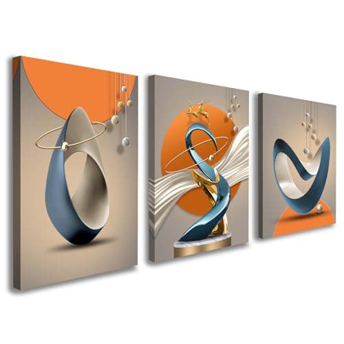 Image of Set of 3 Canvas Wall Art, Modern Abstract Geometric Artwork for Living Room, Luxury Blue Gold and Orange Wall Decoration for Bedroom, Hallway or Staircase with Hooks and Magic Tape, 12x16 Inch